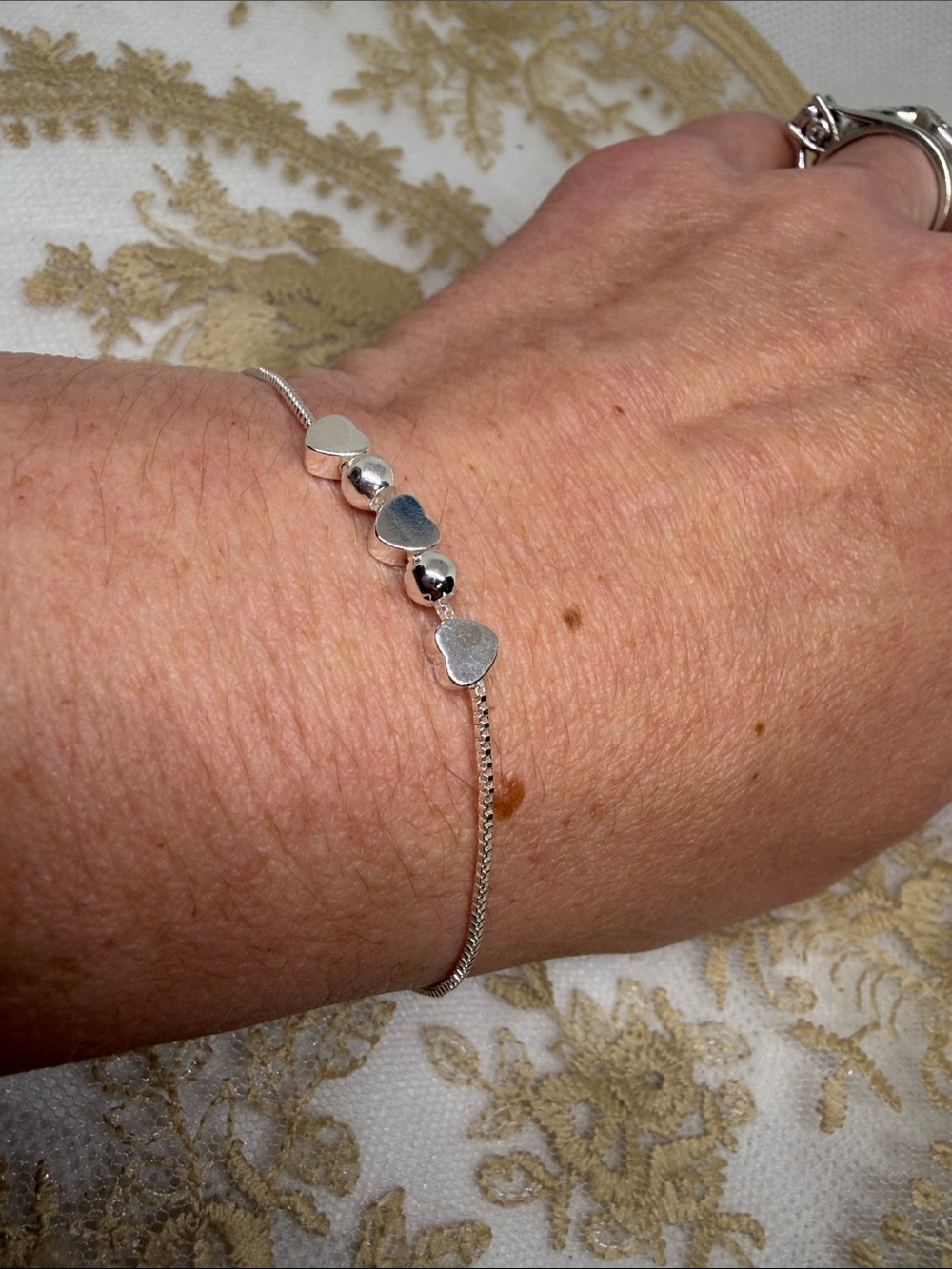 925 Sterling Silver Sliding Hearts & Beads Bracelet Anklet Adjustable 7”-9”